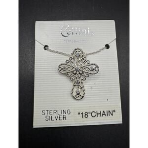Cellini Sterling Silver 925 Filigree Cross Pendant Necklace Clear Crystals New